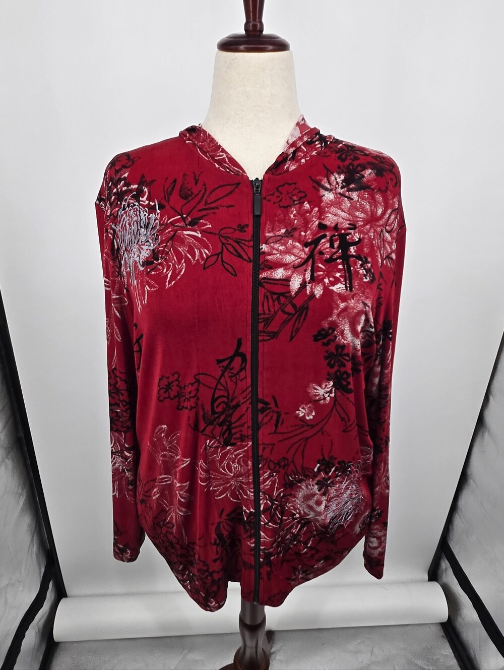 Chico's Travelers Red Abstract Floral Hooded Jacket Vintage XL (8065)
